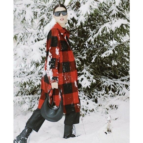 Plaid Shacket Shirt Jacket H&M Bloggers Red Black - Picture 7 of 7